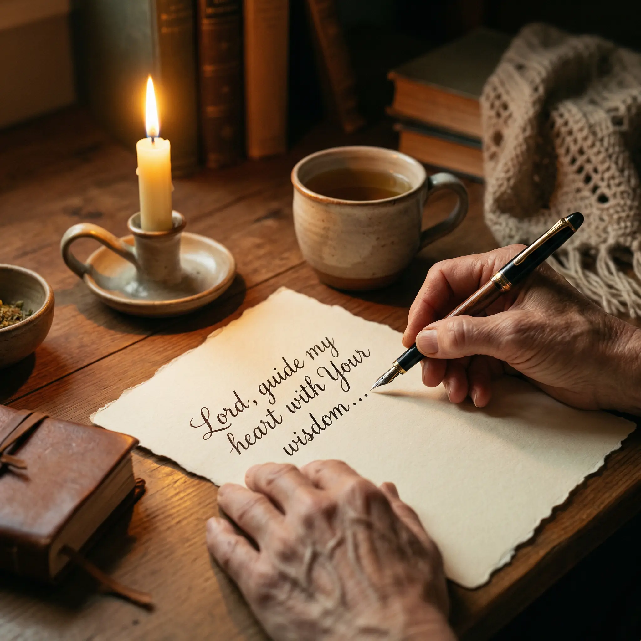 Hands writing a heartfelt prayer with a fountain pen