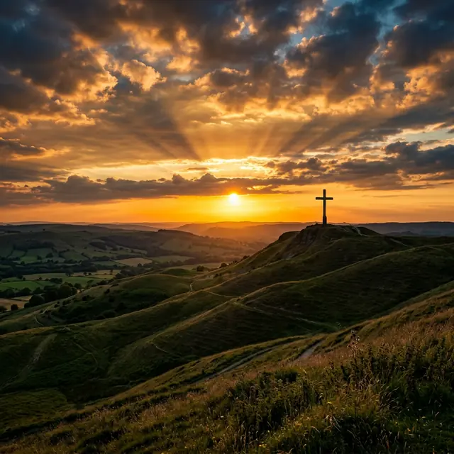 Sunset over green hills with cross
